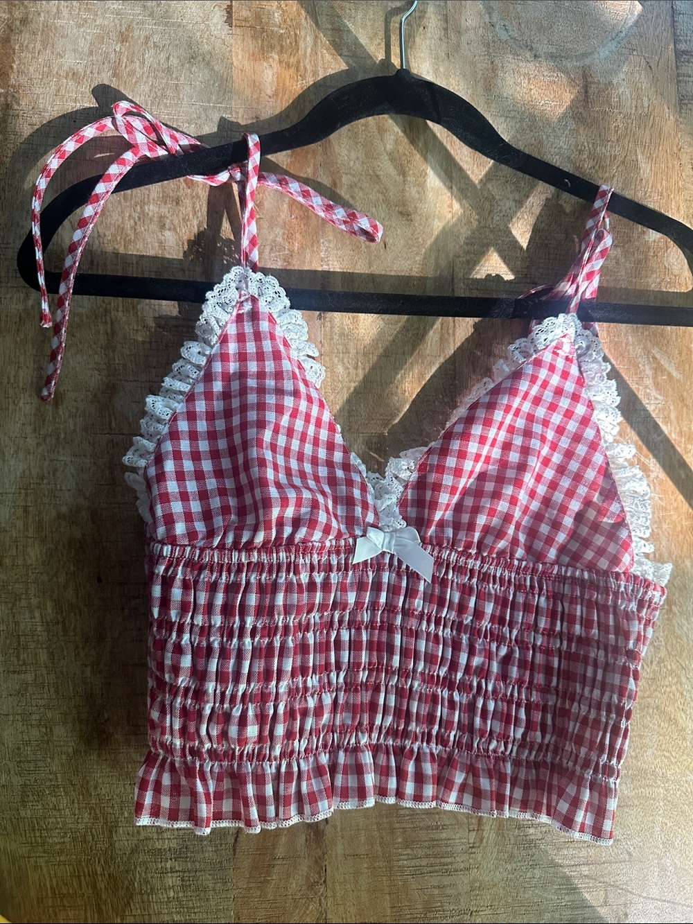 SHEIN Red White Gingham Lace-Trim Crop Top